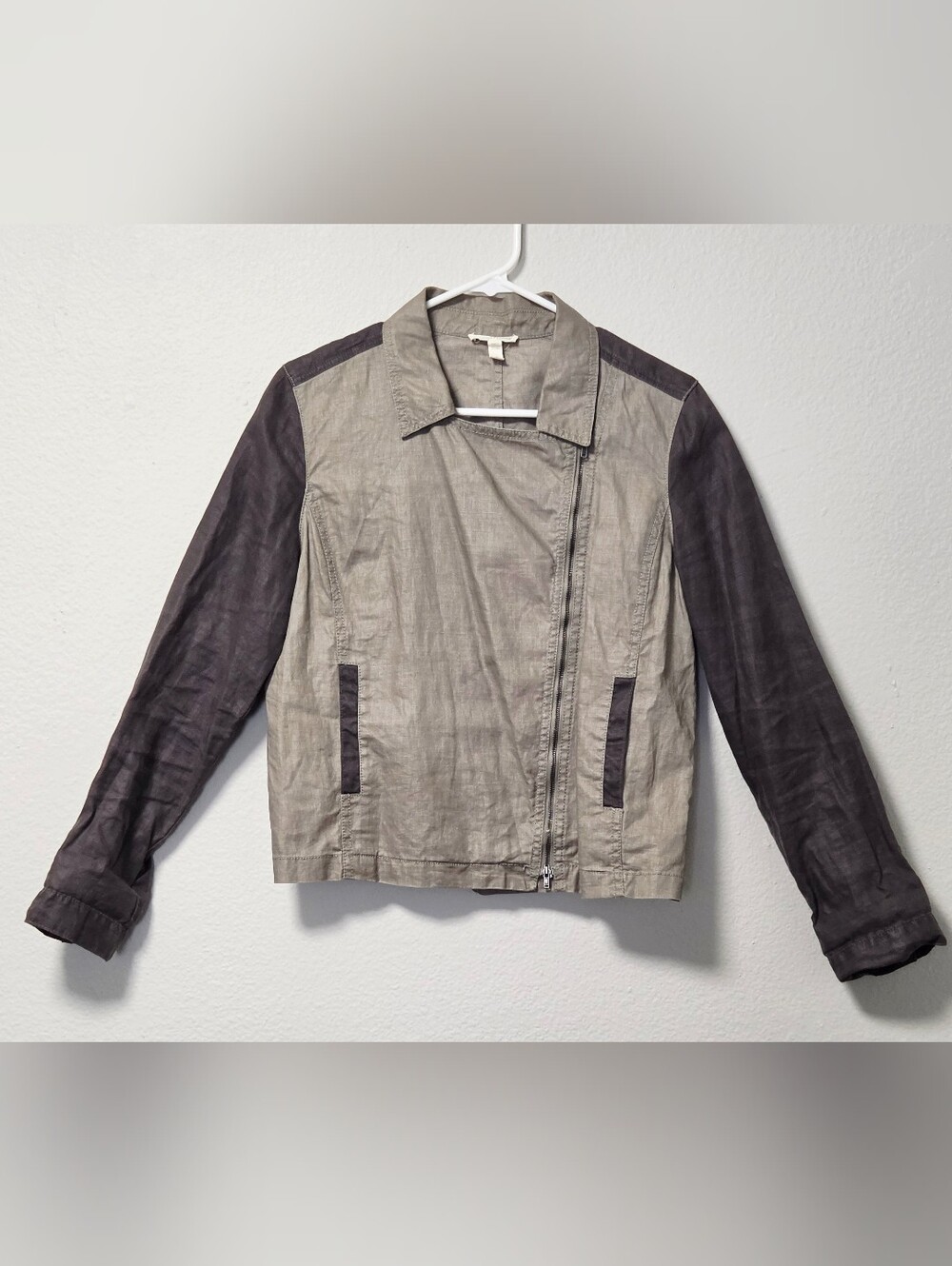 Eileen Fisher Organic Linen Utility Jacket Women's M Taupe Gray Two-Tone